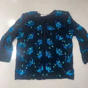 Laurence Kazar Vintage Beaded Silk Sequin Jacket 80s large blue black, USA made